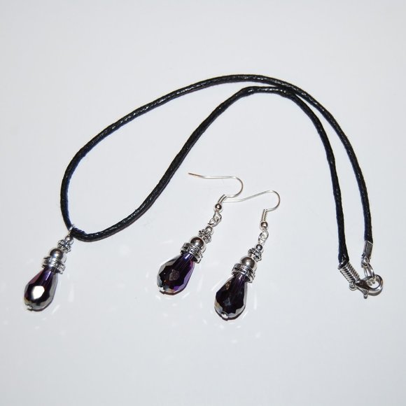 Purple Crystal Glass Necklace and Earring Set,Purple Necklace Earrings,Candy Col - Picture 2 of 2